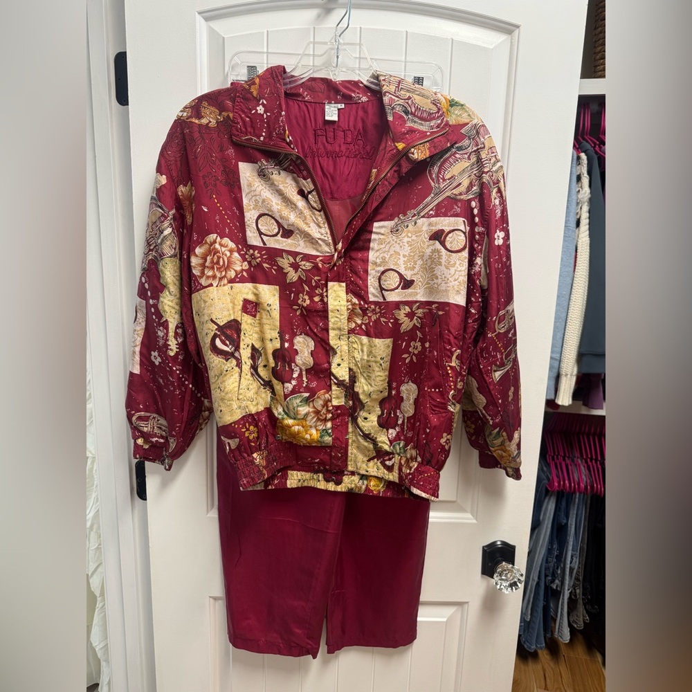 Vintage FUDA International 100% Silk Track Suit Jacket/Pants Med Burgundy  NWOT